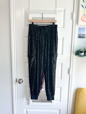 INC Black Sequin Cargo Jogger Pants Elastic Waist M Medium